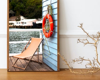 By The Sea - fotografie-print - kunst aan de muur foto - Palm Beach Sydney Australia - ligstoel Life Ring Wharf Dock - nautische kust decor kunst