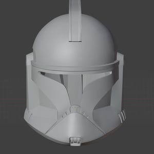 May include: A light gray, 3D-rendered helmet with a distinctive visor and a vertical ridge on top. The helmet's design features angular shapes and a smooth, matte finish, suggesting a futuristic or sci-fi theme. The overall aesthetic is clean and minimalist.