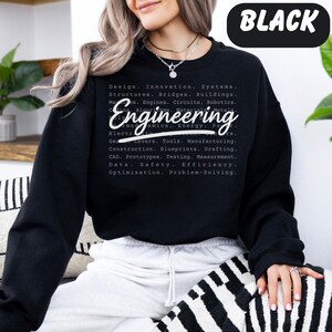 Può includere: Felpa nera con la parola "Engineering" in corsivo, con un elenco di termini correlati in bianco. La parola "BLACK" è in un ovale bianco. La felpa è indossata da una persona.