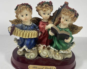 Vintage Musical Angels Figurine Trio Blessed Light Cherub Choir Band Angel Decor 6.5”