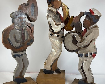 Vintage Folk Art Jazz Band Sculptures Set | Hand Painted Wood Musician Statues | Outsider Art Jazz Decor | Saxophone Tuba Drummer
