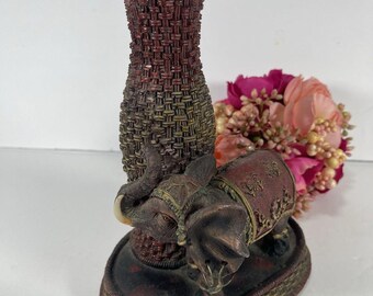 Vintage Elephant Figurine Vase Trunk Up Good Luck Decor, Red Resin Elephant Statue, Ornate Tabletop Home Decor, Flower Holder