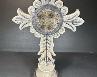 Rustic Cross Figurine Resin Religious Decor Distressed Beige Gray Gold Cracked Glass Center Tabletop Cross