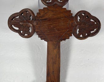 Vintage Hand Carved Wood Wall Cross Made in India Large Floral Christian Wall Decor Boho Farmhouse Wooden Cross 14.5 Inch