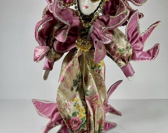 Vintage Venetian Jester Doll Porcelain Harlequin Clown Pink Gold Carnival Mardi Gras Decor 17 Inch Collector Doll w Stand