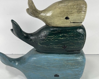 Stacked Whales Figurine Coastal Decor, Nautical Whale Sculpture, Ocean Beach House Decor, Faux Wood Tabletop Art, Sea Life Gift