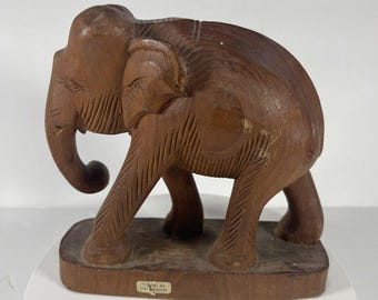 Vintage Wooden Elephant Figurine Hand Carved Thailand Teak Wood Elephant Statue Trunk Up Folk Art Boho Decor 6.5 Inch