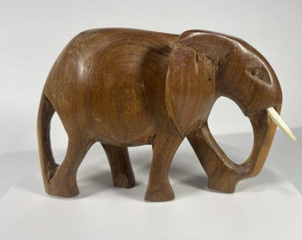 Vintage Hand Carved Wooden Elephant Figurine, Folk Art Elephant Statue, Wood Animal Sculpture, Faux Tusks, Rustic Boho Decor
