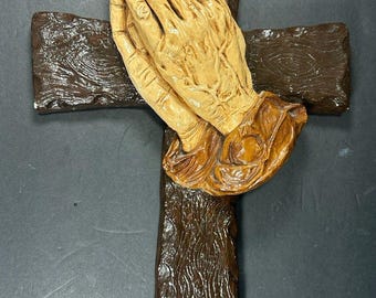 Vintage Praying Hands Wall Plaque Chalkware Cross Christian Religious Decor Rustic Prayer Art