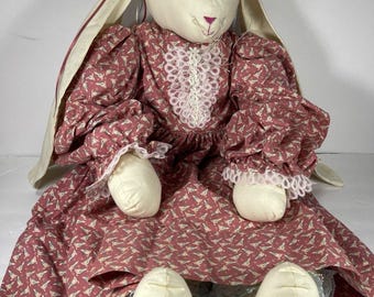 Vintage Handmade XL Cloth Bunny Rabbit Doll – 27” Cottagecore Stuffed Animal – Primitive Country Easter Decor – Pink Calico Dress