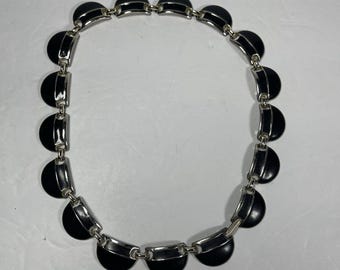 Vintage Mid Century Black Enamel Crescent Link Necklace Modernist Choker 17” Retro MCM Jewelry