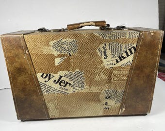 Vintage Style Newspaper Print Suitcase Decorative Storage Trunk Faux Leather Travel Case Photo Prop Retro Decor