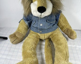 Vintage 1994 Macy’s Bullocks Lion Hand Puppet Plush 26 Tarsha International Large Stuffed Lion Denim Jacket Rare 90s Toy
