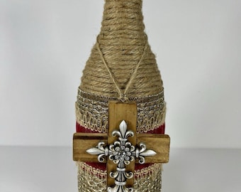 Rustic Jute Twine Wrapped Wine Bottle Decor w/ Fleur De Lis Cross | Farmhouse Christian Vase | Country Western Shelf Decor