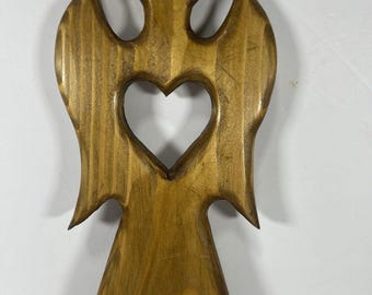 Vintage Hand Carved Wood Angel Wall Hanging Primitive Folk Art Rustic Angel Decor Heart Cutout Wooden Plaque