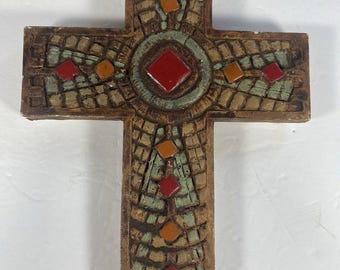 Brookwood Community Western Wall Cross Plaque Faux Mosaic Rustic Southwest Christian Cross Farmhouse Wall Decor 9.25 Inch