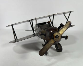 Vintage Welded Metal Biplane Sculpture Scrap Metal Airplane Model Steampunk Aviation Decor Industrial Desk Art Propeller Plane