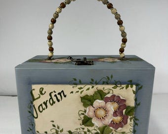 Hand-Painted Wooden Cigar Box Purse - "Le Jardin" Floral Art - Signed 2007