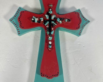 Handcrafted Southwestern Wooden Wall Cross Turquoise Red Beaded Cross Rustic Christian Wall Decor Cross Creations Folk Art