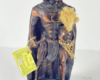 Vintage King Kamehameha I Statue Chiefly Co Hawaii Figurine, Polynesian Tiki Decor, Hawaiian Warrior King Collectible, Faux Wood Resin Sculp