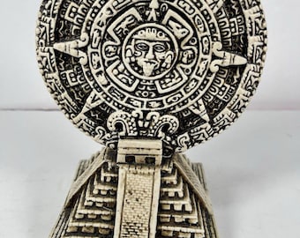 Vintage Aztec Sun Stone Calendar Statue | Mayan Pyramid Figurine Mexico Souvenir | Mesoamerican Decor | Mexican Folk Art Collectible
