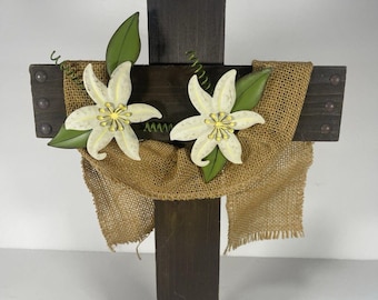 Rustic Wooden Wall Cross Metal Easter Lily Cross Farmhouse Christian Wall Decor Burlap Floral Religious Hanging Cross