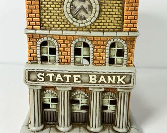 Vintage 1987 Lefton Colonial Village State Bank 06345 Byron Wood Hand Painted Ceramic Christmas Village House