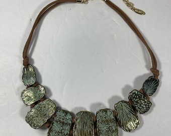 St. Thomas Statement Bib Necklace Gold Tone Verdigris Patina Floral Embossed Necklace Artisan Style Boho Jewelry Adjustable Neckla