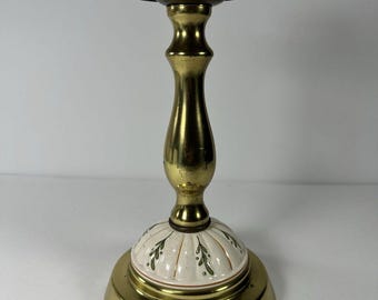 MCM Brass Candlestick Holder 11" Tall, Hollywood Regency Crackle Glaze Ceramic, Hand-Painted Leaf Decor, Vintage Mantle Centerpiece