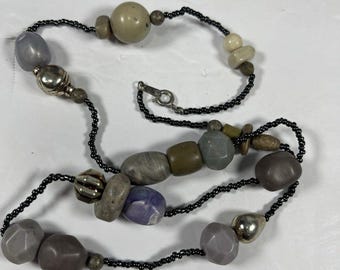 Vintage Multi-Stone Mixed Bead Statement Necklace - Earth Tones & Silver Acce