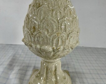 Vintage Ceramic Artichoke Finial Statue Crackle Glaze Cream Ivory Decor French Country Pinecone Pigna Figurine Shabby Chic Accent 11”