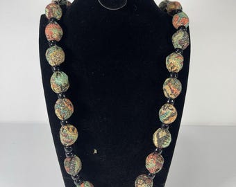 Vintage Fabric Wrapped Bead Necklace, Bohemian Tapestry Statement Necklace, Chunky Textile Beads, Boho Fashion Jewelry