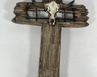 Western Wall Cross Rustic Longhorn Skull Cross Faux Wood Farmhouse Decor Cowboy Wall Hanging Southwestern Christian Decor
