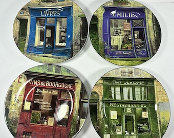 Set of 4 Sakura Storefronts Dinner Plates Chiu Tak Hak French Bistro Art Stoneware Paris Plates 7”