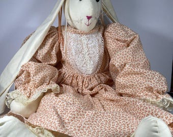 Vintage Handmade Primitive Bunny Doll 30 Inch Shelf Sitter Peach Floral Dress Lace Bloomers Farmhouse Easter Rabbit Decor