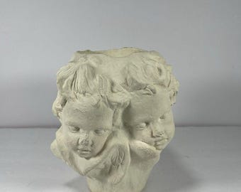 Vintage Cherub Angel Planter Heavy Cast Stone Plaster Urn Vase Putti Faces Bowl French Country Victorian Shabby Chic Decor 7 Inch