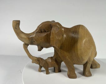 Vintage Hand Carved Wooden Elephant Mother & Baby Figurine Kenya Trunk Up Safari Folk Art Good Luck Home Decor 5.5 Inch