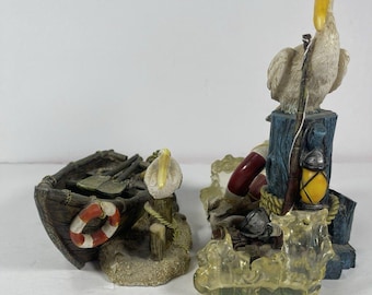 Vintage Nautical Pelican Figurine Set - Resin Rowboat & Pier Scene Coastal Decor