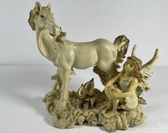 Liberty Wholesale Fairy and Horse Figurine Statue Shabby Chic Ivory Fantasy Decor | Vintage Style Fairy Sculpture Floral Cottagecore Gift