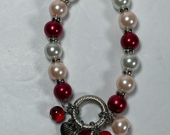 Romantic Red White Faux Pearl Charm Bracelet, Heart Charm Stretch Bracelet, Beaded Valentine Jewelry, Silver Tone Heart Bracelet, Gift for H