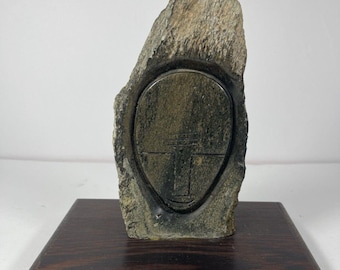 Mid Century Modern Stone Face Sculpture Hand Carved Tribal Mask Abstract Modernist Art on Wood Base Vintage Decor