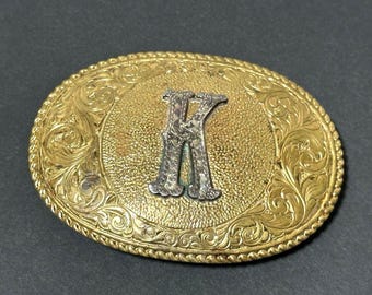 Boucle De Ceinture Cowboy Vintage Crumrine Années 80 - Bronze, Monogrammée L, Style Western Américain, Fait Main