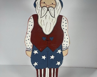 Vintage Uncle Sam Santa Claus Wooden Standee, Patriotic Folk Art Decor, Americana Wood Figurine, Fourth of July Decoration, Rustic Holiday S