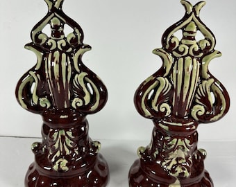 Vintage Style Ceramic Flourish Statues Pair, Burgundy Glazed Finials, Ornate Scroll Decor, Victorian Mantel Shelf Accents