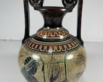 Vintage Greek Style Amphora Vase, Hand Painted Lyre Player Urn, Classical Greek Pottery Decor, 7.75”