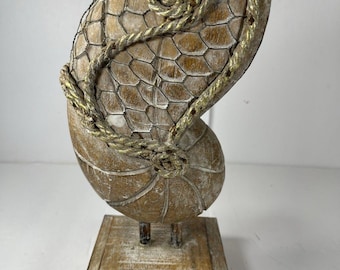 Vintage Hand-Carved Wooden Nautilus Shell Sculpture – 12” Coastal Nautical Beach House Decor – Driftwood Style Tabletop Accent