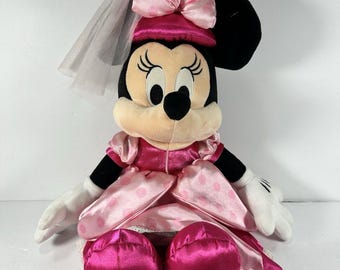 Disney Parks Minnie Mouse Princess Plush 22” Pink Polka Dot Dress Medieval Veil Hat Rare Disney Plush
