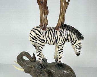 African Wildlife Sculpture Elephant Zebra Giraffe Stacked Animal Figurine Safari Decor 15.5”