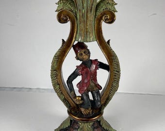 Vintage Monkey Candle Holder, Tropical Palm Leaf Candlestick, Fez Hat Red Vest, Hollywood Regency Decor, 11.5”
