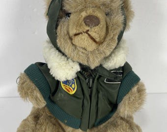 Vintage 1988 Summit Collection Aviator Pilot Teddy Bear Plush 9” Bomber Flight Jacket Korea Military Stuffed Animal